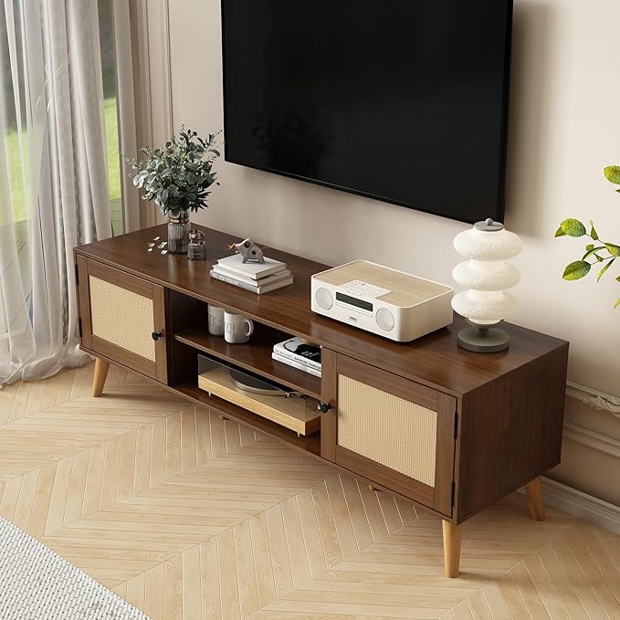 TV Stand for TVs up to 65 inches, Rattan Grain Finish Panel with 2 Storage cabinets, Modern Minimalist Style, Living Room, Audio-Visual Room for Multiple Rooms,3 Colors Available (Walnut)