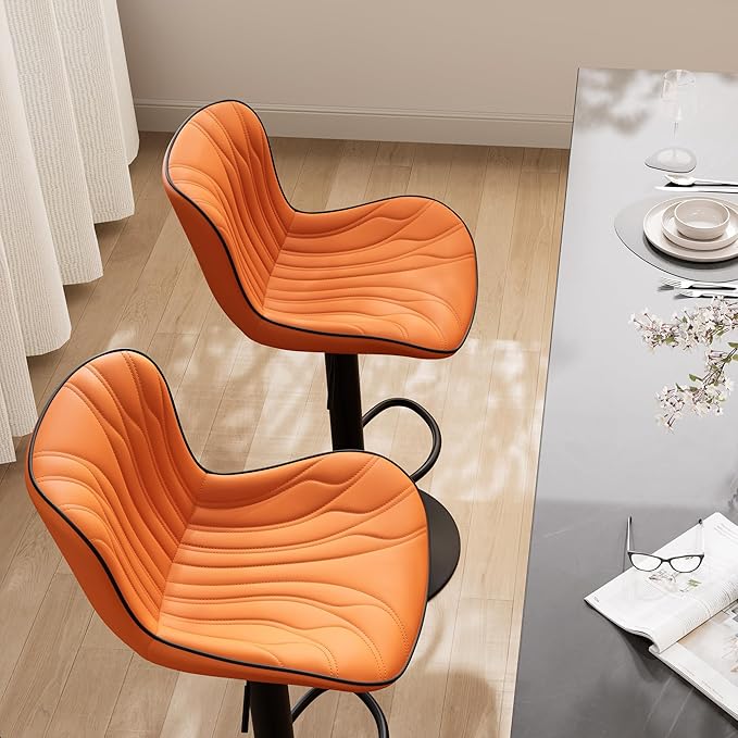 YOUNIKE Orange Bar Stools Set of 2 Faux Leather Upholstered Counter Height Barstools Swivel Modern Kitchen Bar Chairs with High Backs Adjustable Tall sillas para barra de cocina for Breakfast Island