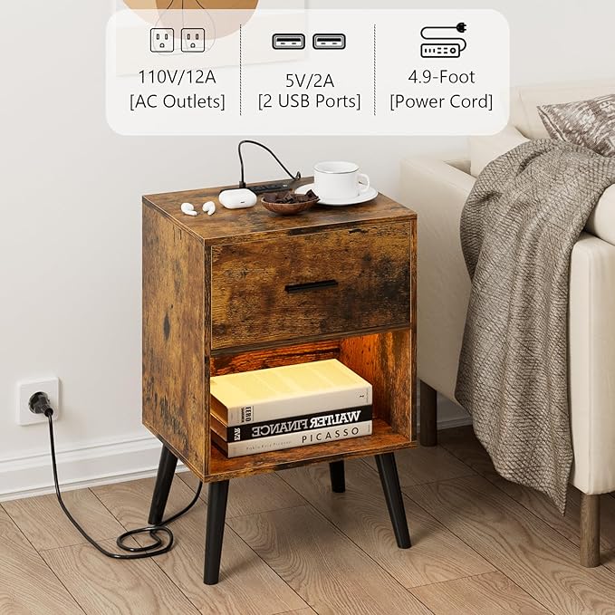 Nightstand with Charging Station and LED Lights, Small Side Table, Bedside Table with Drawer, Modern Night Stand, End Table for Bedroom, Living Room (Rustic Brown)