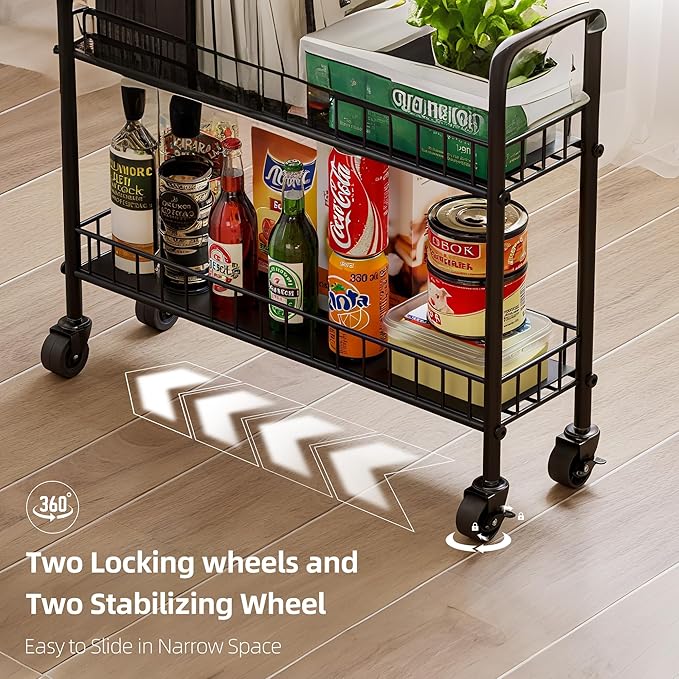 6-Tier Slim Storage Cart, Rolling Kitchen Cart with Wheels, Narrow Metal Shelf Organizer with Hooks for Kitchen, Bathroom, Living Room, Laundry, Small Spaces (Black, 6 in)