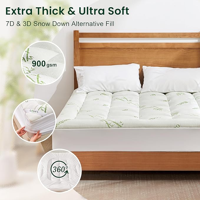 Love's cabin Twin Mattress Topper, Rayon Derived from Bamboo, 900 GSM Breathable Mattress Topper Pad, Thick Pillow Top Mattress Pad Stretches up with 8"-20" Deep Pocket(39"x75"), Green