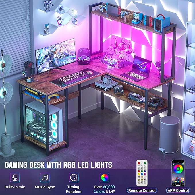Unikito L Shaped Gaming Desk with LED Strip and Power Outlets, Reversible L-Shaped Computer Desk with Storage Shelves, Corner Desk with Hutch, 2 Person Home Office Desk, Rustic Brown