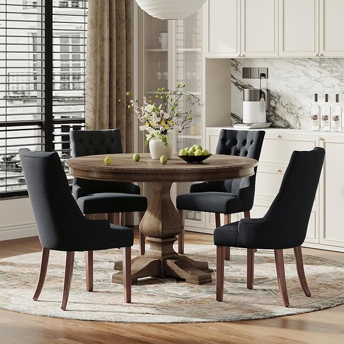 COLAMY Wingback Upholstered Side Dining Room Chairs Set of 6, Fabric Dining Chairs with Tufted Button, Living Room Chairs for Home Kitchen, Black