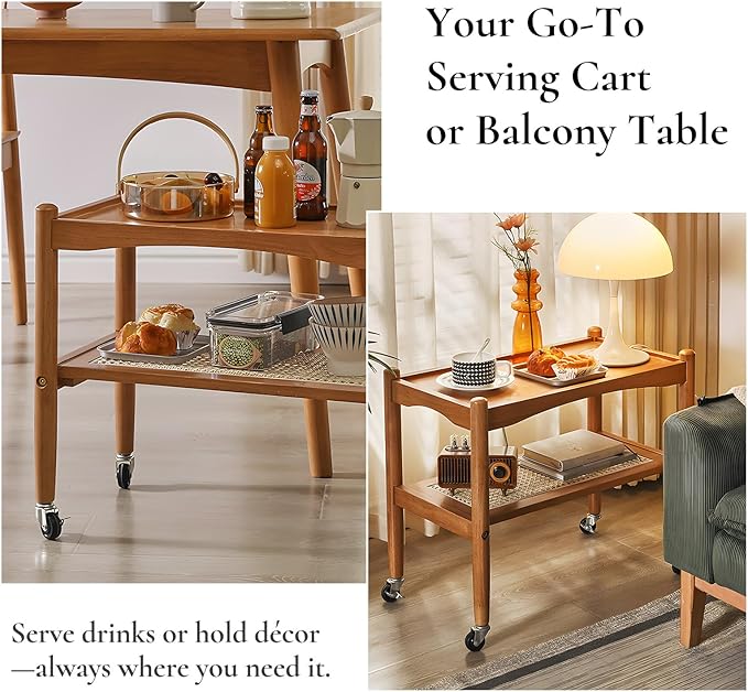 Rattan Side Table with Wheels, Small End Table with Storage, Narrow Wooden Bed Side Table for Living Room, Modern Slim Sofa Nightstand, 23.43" W*12.99" D*19.69" H, (Natural)