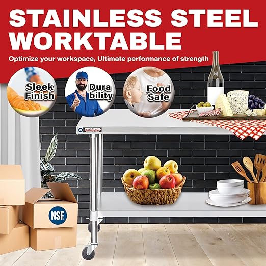 DuraSteel 30x72 NSF Stainless Steel Cart - Heavy Duty Food Prep Table with Undershelf - Rolling Kitchen Island on Wheels for Commercial Restaurant Kitchen, Garage, Outdoor Cooking, BBQ Grill, Counter