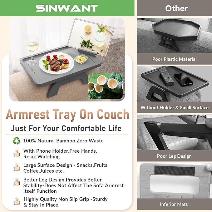 SINWANT Couch Armrest Table,Bamboo Couch Arm Table 360° Phone Holder,Foldable Sofa Arm Tray for Eating Drinking Snacks Remote on Chair Armrest