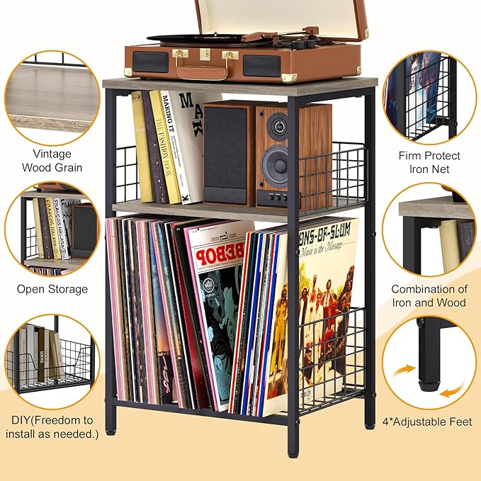 X-cosrack Record Player Stand with Storage Up to 100 Albums, 3 Tier Vinyl Record Storage for Living Room, Turntable Stand with Record Holder & Display Shelf(Patent Pending)(Greige & Black)