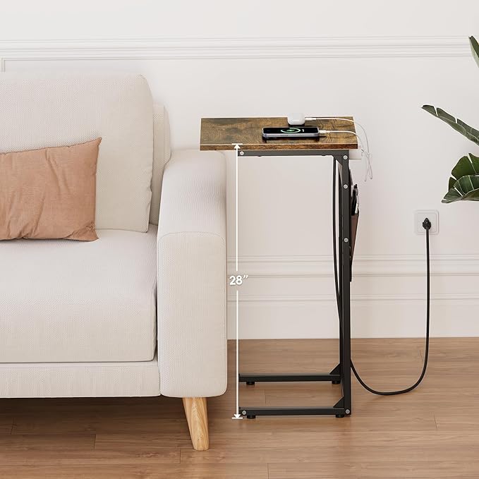 Vagusicc C Shaped End Table with Charging Station, Small Side Table for Couch, Tall Sofa Table Couch Side Tables, Slide Under Sofa Table TV Tray Arm C Tables for Living Room, Bedroom, Bedside, Brown