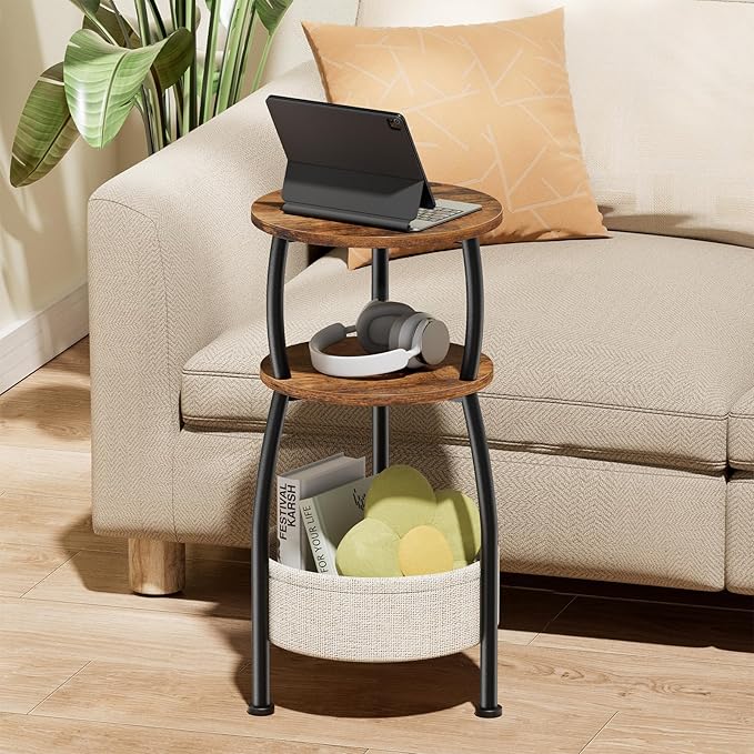 Round Side Table for Small Spaces with Storage Basket –Small End Table 3-Tier Night Stand Sofa Corner Table for Living Room, Bedroom, Patio and More 24in Tall Rustic Brown