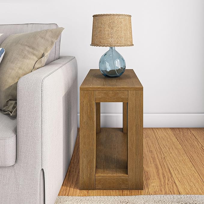 Plank+Beam Modern Rectangular Side Table with Shelf, 25", Solid Wood Narrow End Table for Living Room with Storage, Compact Bedside Table for Small Spaces, Pecan Wirebrush