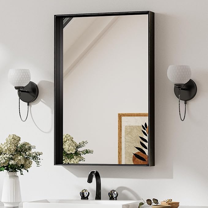 Keonjinn Black Mirror for Bathroom 20 x 30 Inch Brushed Framed Mirror, Rectangle Wall Mount Mirror Square Corner Modern Farmhouse Decorative Bathroom Vanity Mirror for Over Sink(Horizontal/Vertical)