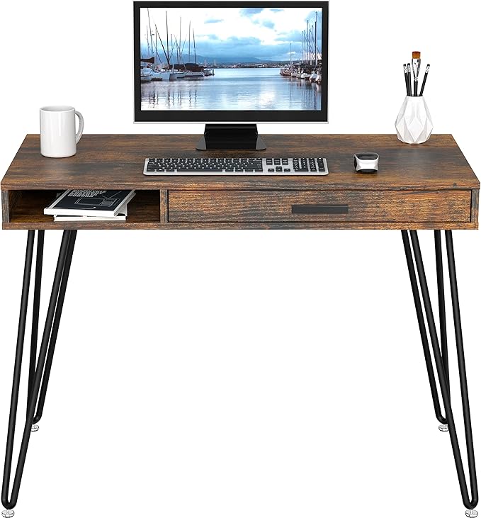 SHW Home Office Computer Hairpin Leg Desk with Drawer, Rustic Brown