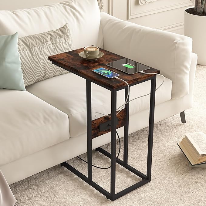 VECELO C Shaped End Side Table with Charging Station & Power Outlets for Couch Sofa/Bed Snack TV Tray with Metal Frame for Living Room Bedroom 1 Set, Brown