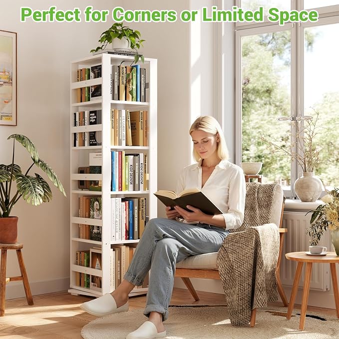 Homykic Rotating Bookshelf, Bamboo 360 Display Spinning Bookshelf Tower, 5-Tier Small Corner Bookcase for Small Spaces, Narrow Revolving Book Shelf Organizer Rack for Home Office, White