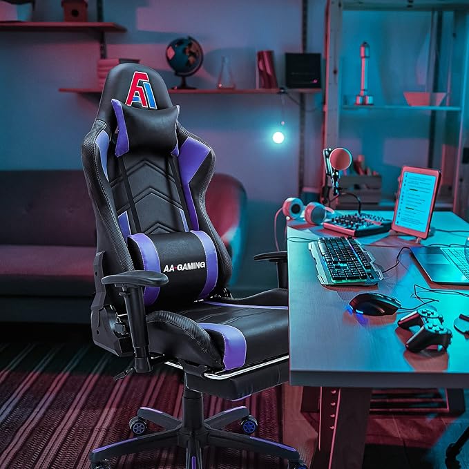 AA Products High Back Ergonomic Gaming Chair with Footrest, Lumbar Support, Swivel, Adjustable for Gamers - Black/Purple