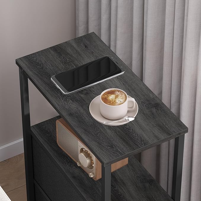 TUTOTAK Small Narrow End Table, Set of 2, Side Table, Nightstand with 2 Cloth Drawers, Couch Table, for Living Room, Bedroom, Bedside, Charcoal Grey TB01BY054
