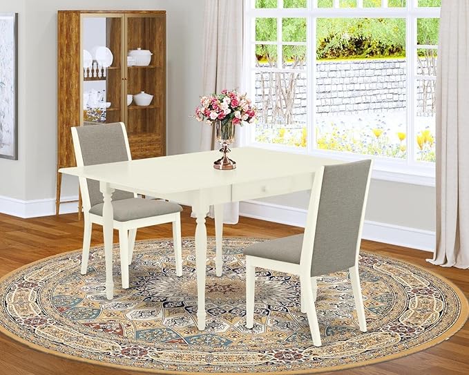 East West Furniture MZLA3-LWH-06 3 Piece Kitchen Table & Chairs Set Contains a Rectangle Dining Table with Dropleaf and 2 Shitake Linen Fabric Upholstered Chairs, 36x54 Inch, Linen White