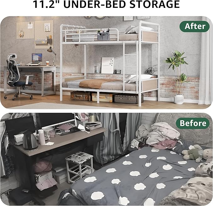Metal Bunk Bed Twin Over Twin, Industrial Bunkbeds Heavy Duty Bed with Safety Guard Rails and Space-Saving Design, Steel Bed for School, Bedroom (White)