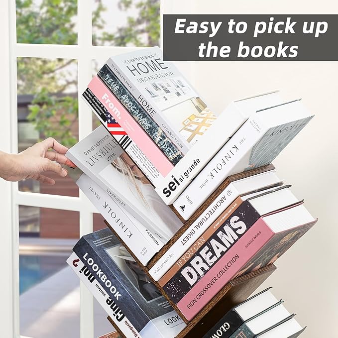 10 Tier Tree Book Shelf, Floor Standing Wood Bookshelf for Narrow Space, Storage Organizer Bookshelves for Books/CDs/Magazine, Bookcase with Shelves for Home Office, Living Room - Brown