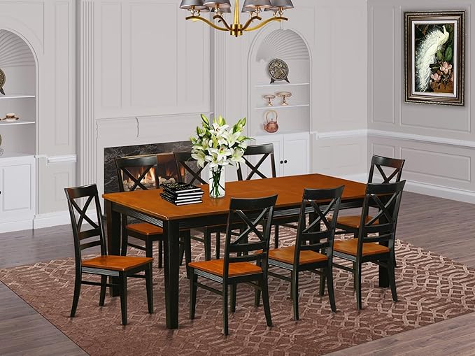 East West Furniture QUIN9-BLK-W 9 Piece Dining Room Furniture Set Includes a Rectangle Wooden Table with Butterfly Leaf and 8 Kitchen Dining Chairs, 40x78 Inch, Black & Cherry