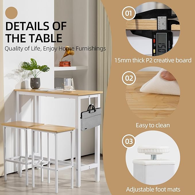 Finnhomy Bar Table Set, 39.3" Pub Table High Top Table, Rectangular Bar Height Table, Bar Table with Stools, Kitchen Table Set for 2, Breakfast for Kitchen, Living Room, Oak Beige and White