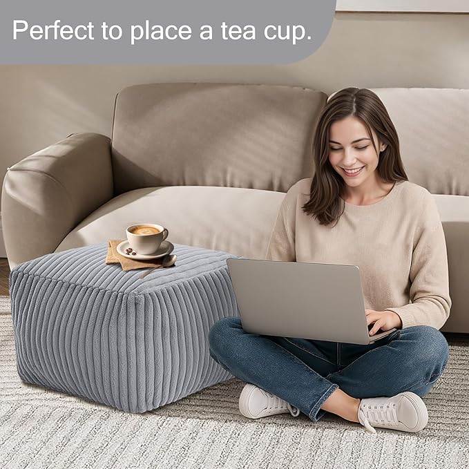 MeMoreCool Square Stuffed Pouf Ottoman Foot Rest, Stripe Furry Floor Pouf Foot Stool with Foam Chunk Filling, Soft Fluffy Stuffed Ottoman Footrest for Living Room, Faux Fur Grey