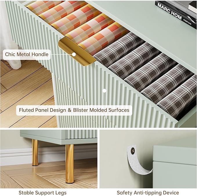 Green Dresser, Modern 6 Drawer Dresser for Bedroom with Gold Handle and Large Drawer, Wood Double Chest of Drawers and Storage Organizer for Living Room, Hallway, Entryway
