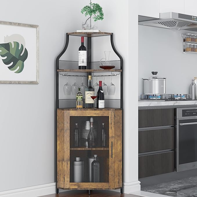 GAOMON Corner Wine Cabinet with Removable Wine Rack, Wine Bar Cabinet with Barn Door and Adjustable Shelves, Industrial Wine Cabinet for Dining Room, Living Room,Kitchen (Retro Brown)