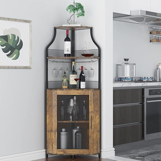 GAOMON Corner Wine Cabinet with Removable Wine Rack, Wine Bar Cabinet with Barn Door and Adjustable Shelves, Industrial Wine Cabinet for Dining Room, Living Room,Kitchen (Retro Brown)