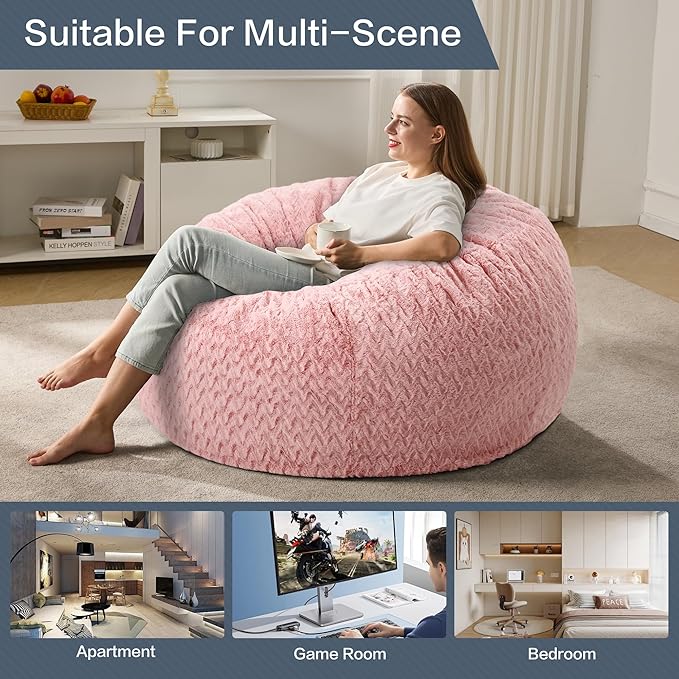 4ft Bean Bag Chairs for Adults Large Beanbag Chair with Chevron Plush Fur Cover Big Bean Bag Chair for Living Room Bedroom Dorm (Pink)