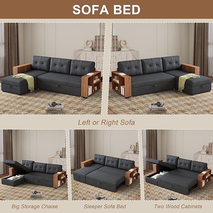 Ball & Cast 84" Sectional Sleeper Sofa with Storage Chaise,L Shaped Pull Out Couch Bed with Wooden Armrests and 3 Removable Back Cushion for Living Room,Apartment,Office,Dark Grey