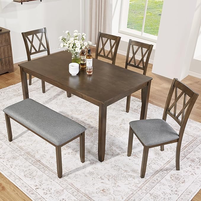 soges 6 Piece Kitchen Dining Set, Rectangular Wooden Dining Table with 4 Upholstered Chairs and a Bench, Morden Dining Table Set for 6 People, Living Room, Home and Kitchen, Walnut