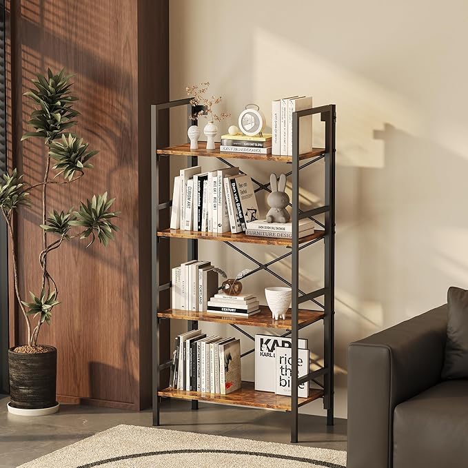 Folding Bookshelf,4 Tier Bookcase Foldable Shelf with X-Bracket Design, Adjustable Feet, Space Saving Storage for Living Room, Office, Rustic Brown