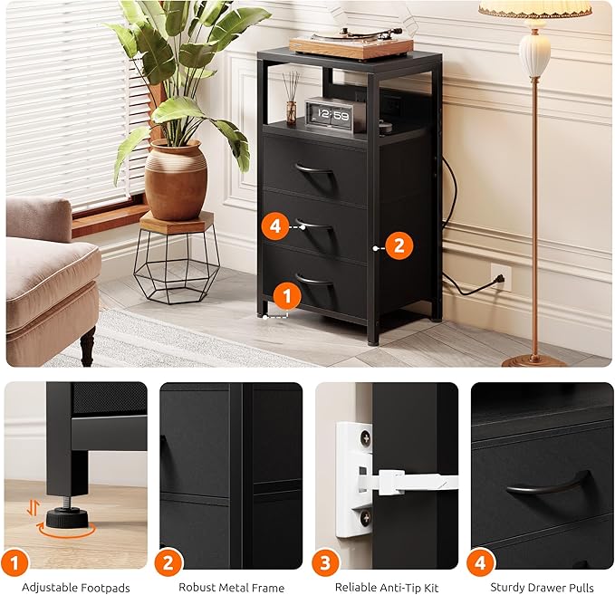 NightStand Bedside Charging Table Bedroom - Night Stand with Charger Station, Black Modern Bed Side End Table with Open Shelf & 3 Fabric Drawers, USB-C USB Ports & AC Outlets for Dorm, Living Room
