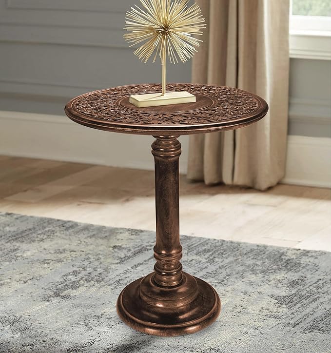Wooden End Table for Living Room - 18x22 Burnt Finish Carved Side Table, Single Pillar Nightstand, Bedside Table for Books, Plants, Magazines, Small Space Accent Table