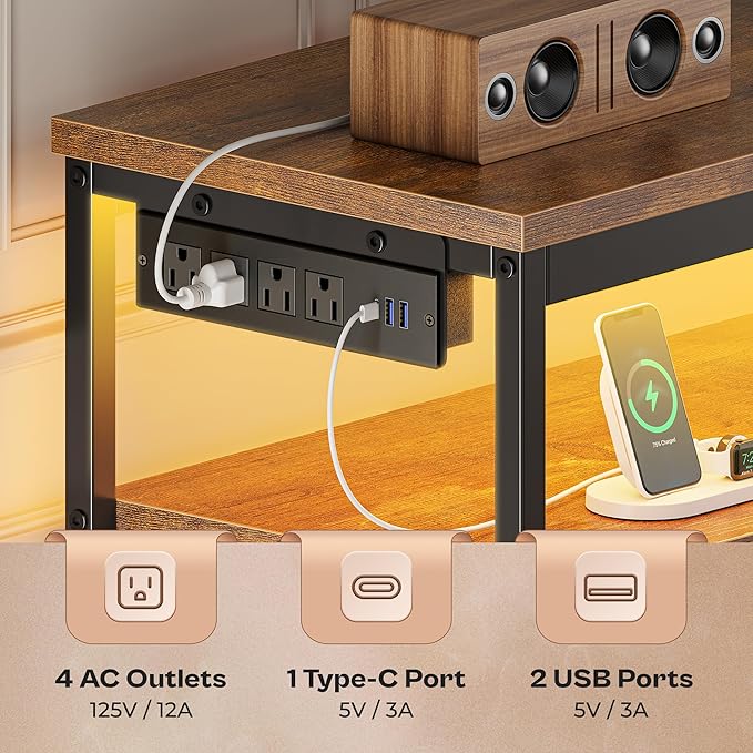 Huuger LED TV Stand for Bedroom, 55 Inch Fabric Dresser with Power Outlets, Entertainment Center for 60, 55 Inch TV, 6 Drawer Dresser for Bedroom, Chest of Drawers with Shlef, PU Leather, Rustic Brown