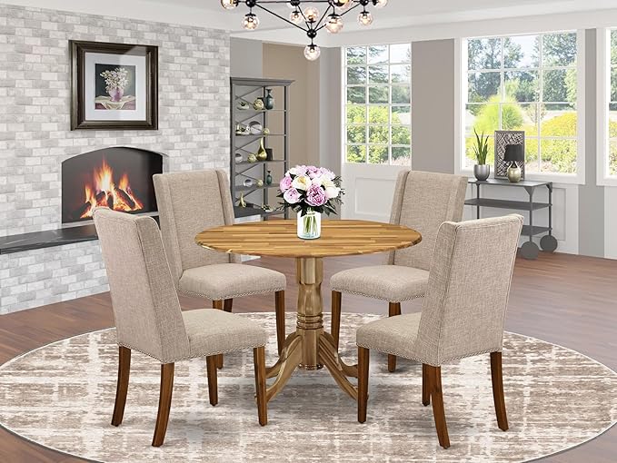 East West Furniture DLFL5-ANA-04 5 Piece Dining Room Furniture Set Includes a Round Dining Table with Dropleaf and 4 Light Tan Linen Fabric Parsons Chairs, 42x42 Inch, Natural