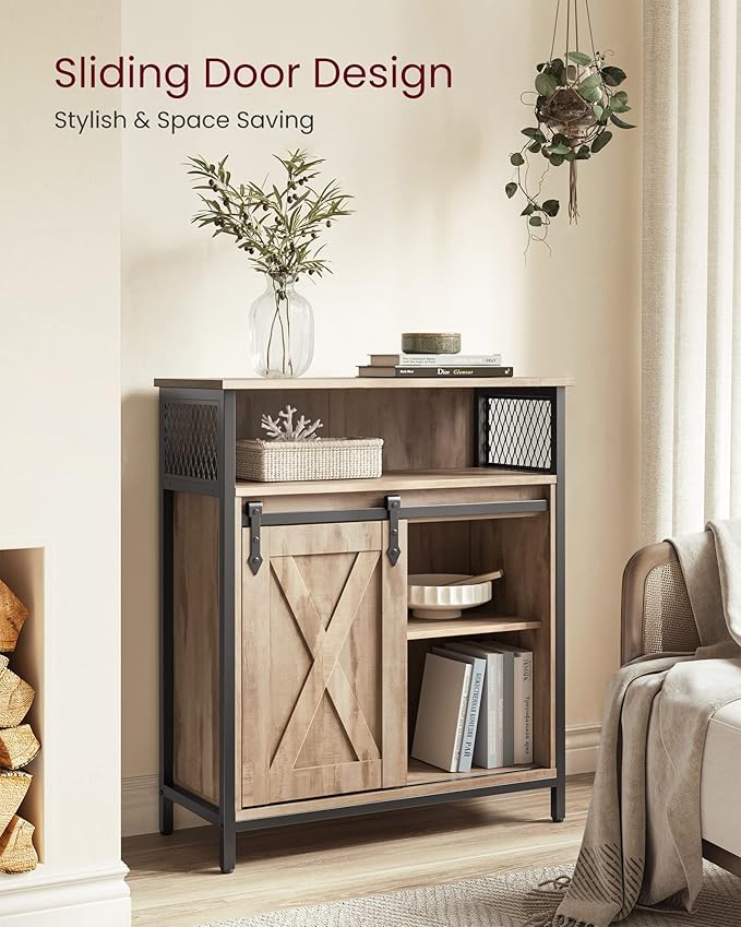 VASAGLE Buffet Cabinet, Coffee Bar Storage Cabinet, Sideboard with 1 Sliding Barn Door, Adjustable Shelves, 11.8 x 27.6 x 31.5 Inches, for Living Room, Camel Brown and Ink Black ULSC089B50