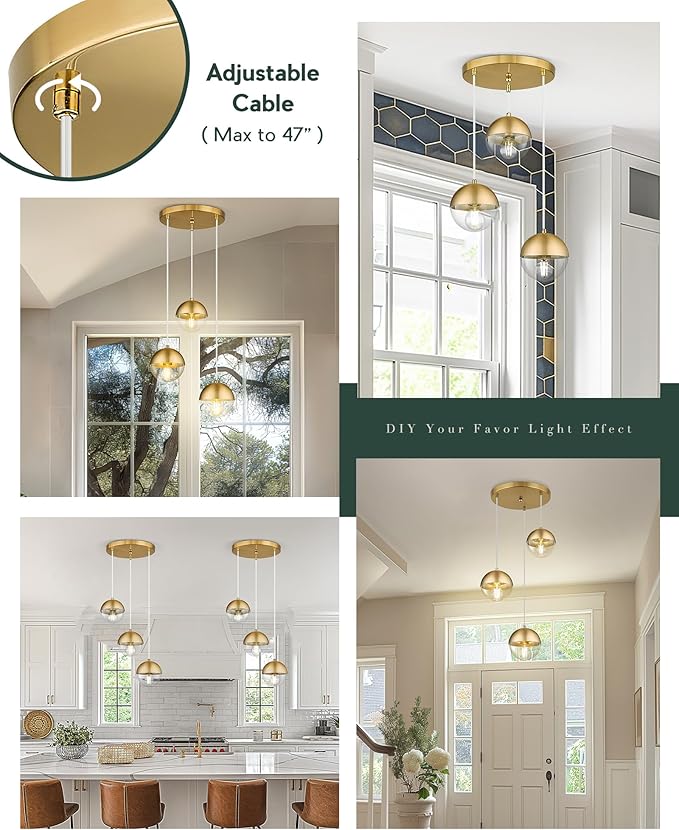 LMS Brushed Gold 3-Light Cluster Pendant Lights, Modern Dining Room Light Fixtures Over Table with Clear Globe Glass, Adjustable Hanging Cord Ceiling Light for Dining Room Kitchen Island, LMS-186BGC3