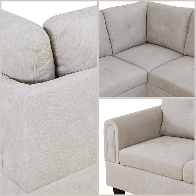 L Shaped Sectional Couches, Modern Modular Sectional Sofa for Living Room Bedroom Furniture, Cozy 4 Seat Couch with Ottoman Storage & Chaise, Gray White