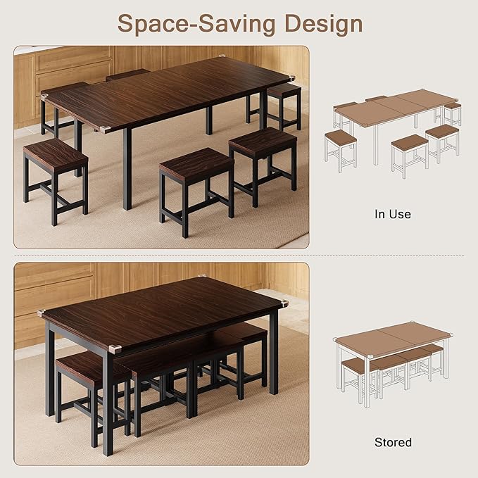 7-Piece Dining Table Set, 63" Extendable Kitchen Room Table with 6 Stools, Mid Century Modern Dinner Table with Metal Frame & MDF Board, Space-Saving, Easy Assembly, Espresso
