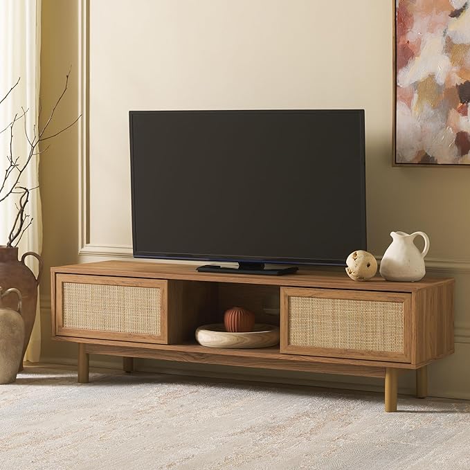 SAFAVIEH Aino TV Stand for up to 60" Flatscreen – Oak Brown, 2 Sliding Doors with Interior Storage, 1 Open Shelf, Entertainment Media Console (MED9619D)