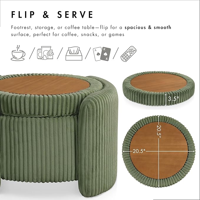 Furniture of America Lennox Modern Chenille 25-inch Round Storage Ottoman with Reversible Flip Top, Upholstered Footstool for Living Room, Bedroom, Entryway, Green