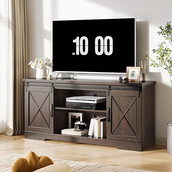 GarveeHome Farmhouse TV Stand for TV up to 65 Inches and Entertainment Center with Sliding Barn Doors and Adjustable Shelf, Tv Media Console Table with Storage Cabinet for Living Room, Bedroom, Brown