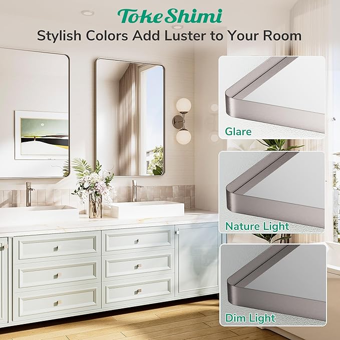 TokeShimi 55x36 Bathroom Mirror Brushed Nickel,Aluminum Framed Bathroom Mirrors for Over Sink,Rectangle Vanity Mirror Bath,Tempered Glass Wall Mirror Modern(Horizontal/Vertical)