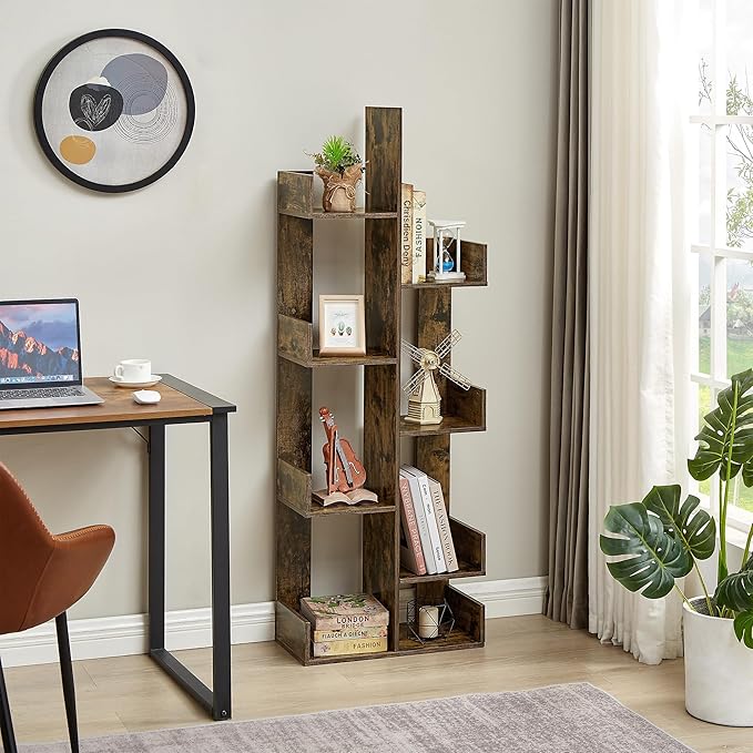 VECELO 8-Tier Tall Cactus-Shaped Tree Bookshelf, Vertical Bookcase with Waterproof Shelves & Rounded Corners, Modern Display Rack for Small Spaces in Living Room, Office, Bedroom, Rustic Brown