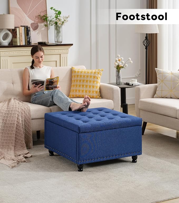 Tbfit Large Square Tufted Upholstered Ottoman and Coffee Table with Storage, Oversized Footrest Bench for Living Room Bedroom, Blue