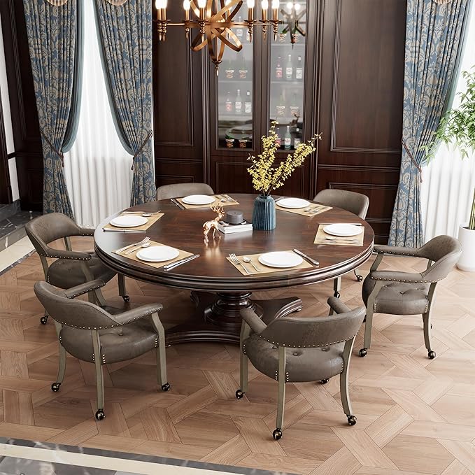 LEEMTORIG Large Dining Chairs with Casters and Arms, Rolling Dining Chairs with Wheels, Solid Wood Boss Caption's Chairs Office Chairs, 26"D x 25.2"W x 31.5"H, Soft Grey Legs & Dark Brown SY-1318-DK