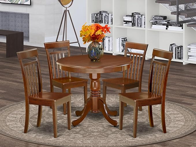 East West Furniture AANCA5-MAH-W 5 Piece Dining Room Table Set Includes a Round Kitchen Table with Pedestal and 4 Dining Chairs, 36x36 Inch, Mahogany