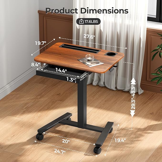 Mobile Standing Desk with Drawer, 28" Rolling Desk with Cup Holder and Hooks, Portable Laptop Workstation on Wheels, Height Adjustable Cart with Storage for Home Office, Dark Wood